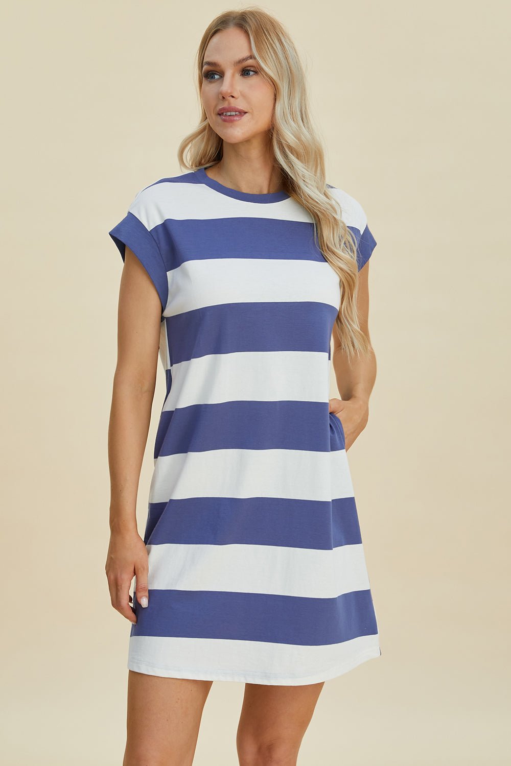 Striped Round Neck Cap Sleeve Mini Dress - Dear Autumn