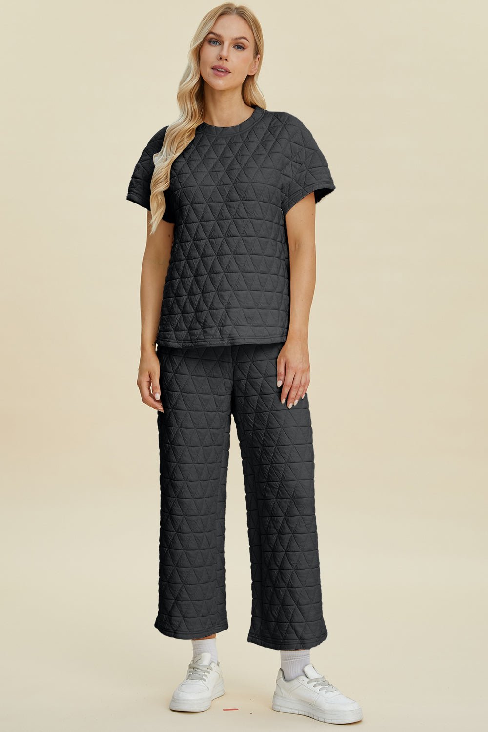 Texture Round Neck Short Sleeve Top and Pants Set - Dear Autumn