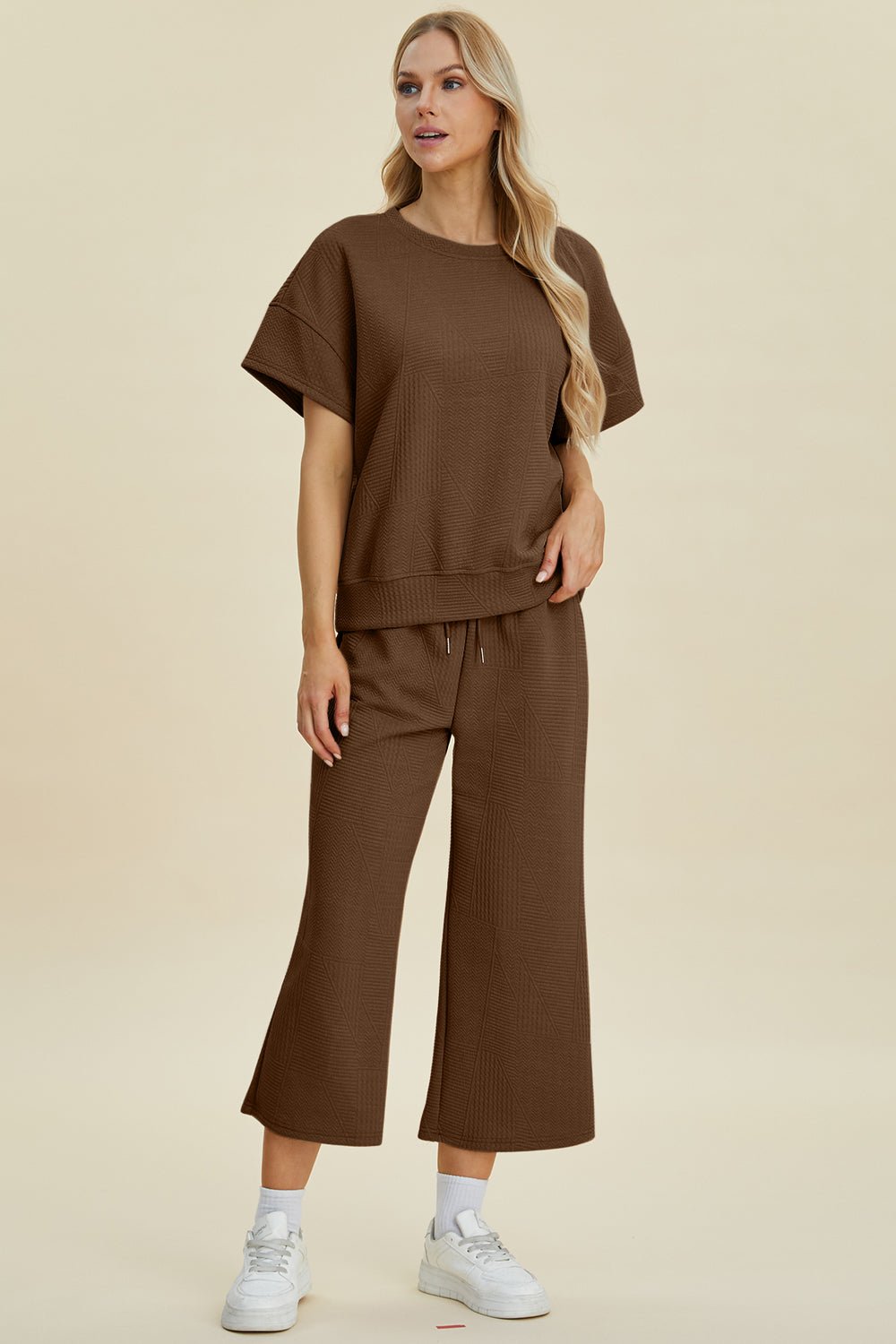 Texture Round Neck Top and Pants Set - Dear Autumn