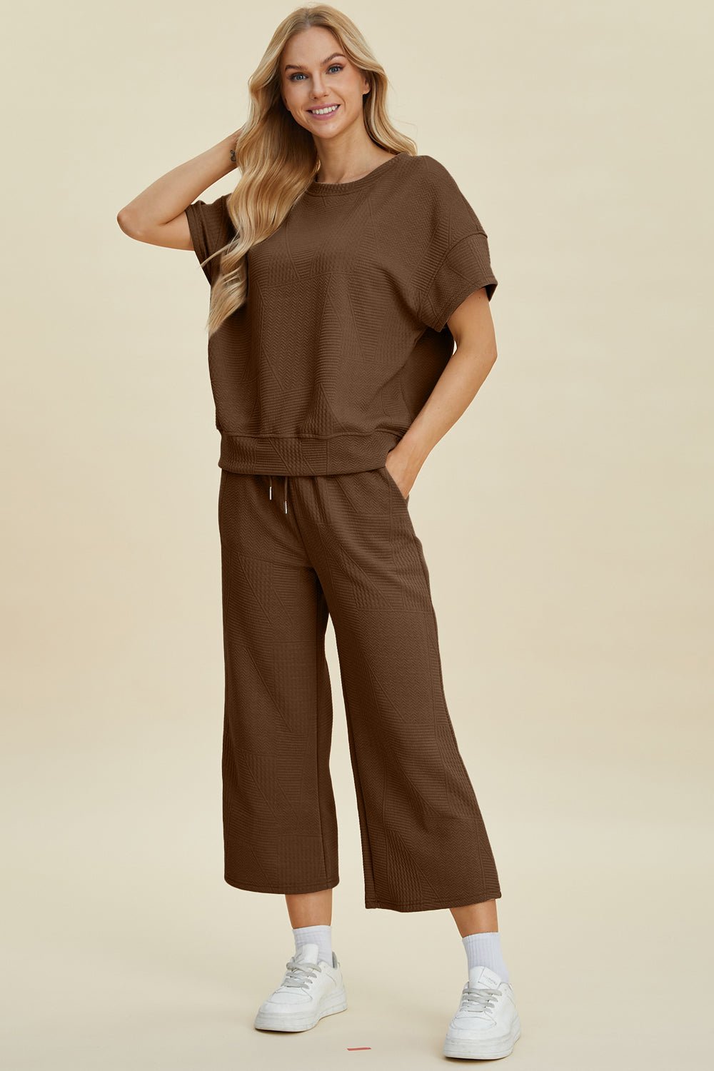 Texture Round Neck Top and Pants Set - Dear Autumn