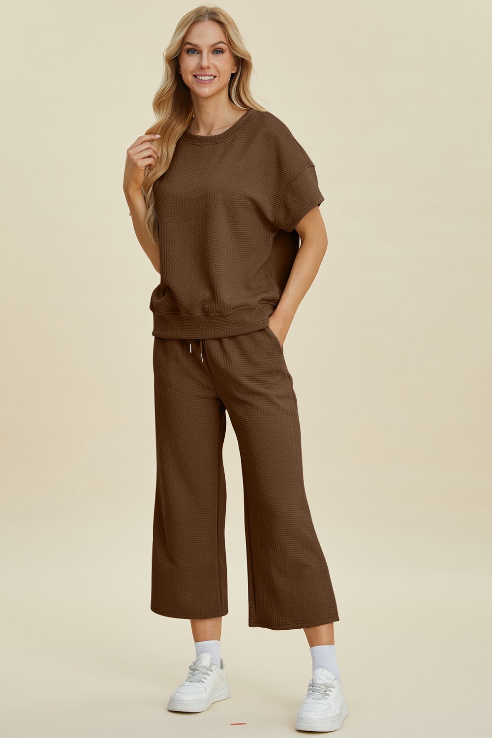 Texture Round Neck Top and Pants Set - Dear Autumn