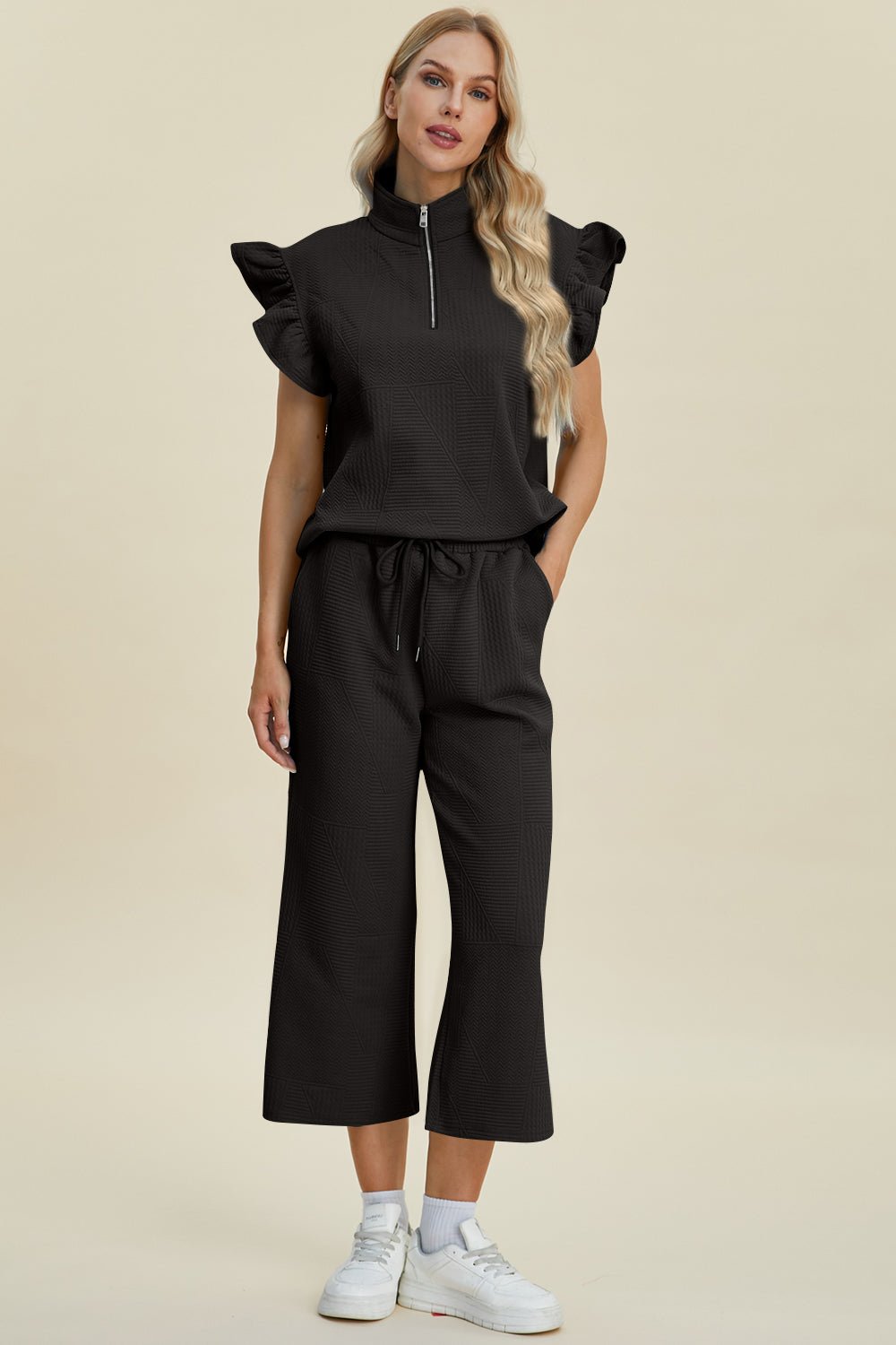 Texture Ruffle Short Sleeve Top and Wide Leg Pants Set - Dear Autumn