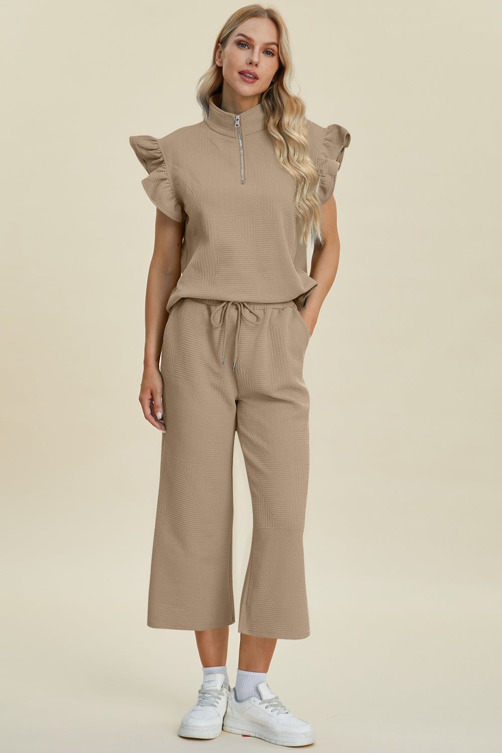 Texture Ruffle Short Sleeve Top and Wide Leg Pants Set - Dear Autumn