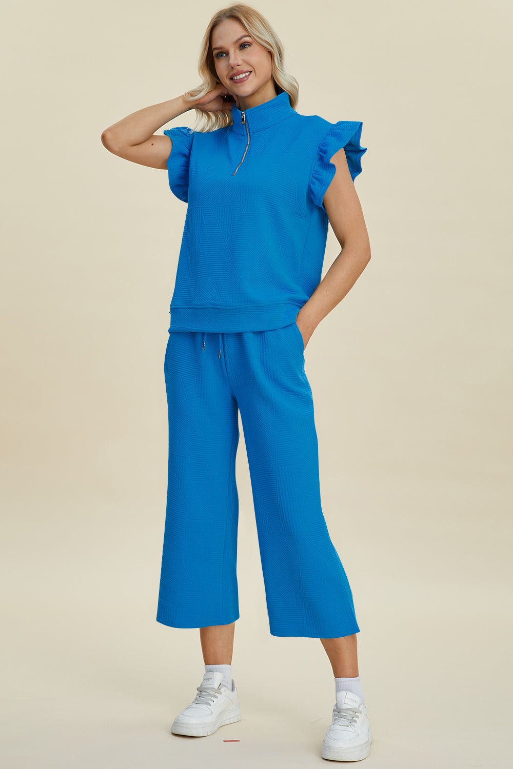 Texture Ruffle Short Sleeve Top and Wide Leg Pants Set - Dear Autumn