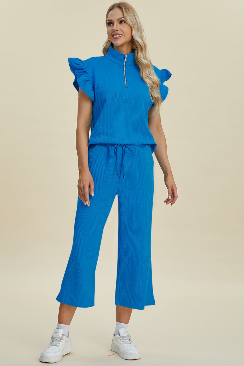 Texture Ruffle Short Sleeve Top and Wide Leg Pants Set - Dear Autumn