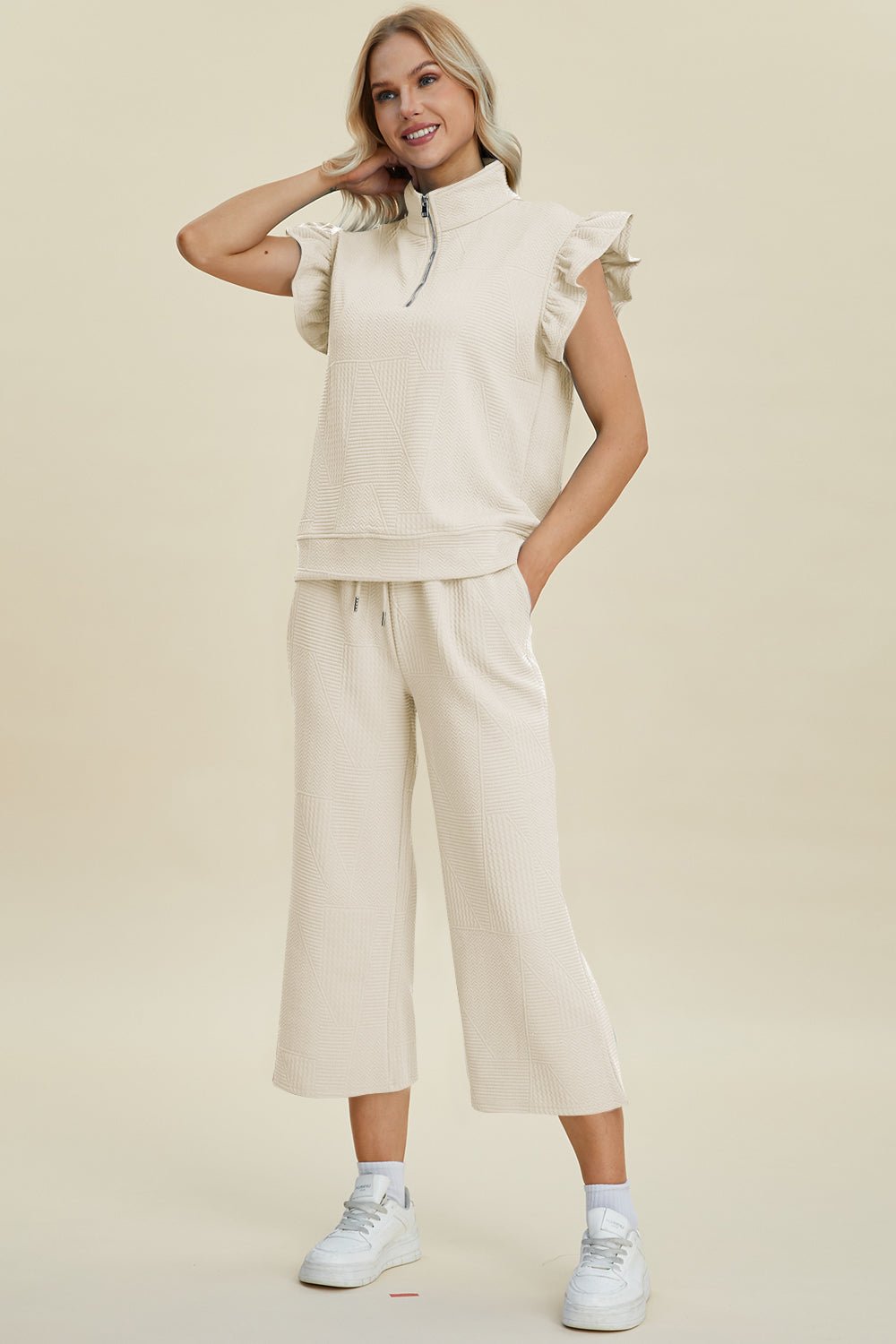 Texture Ruffle Short Sleeve Top and Wide Leg Pants Set - Dear Autumn