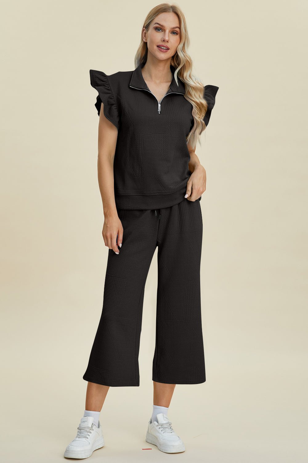 Texture Ruffle Short Sleeve Top and Wide Leg Pants Set - Dear Autumn