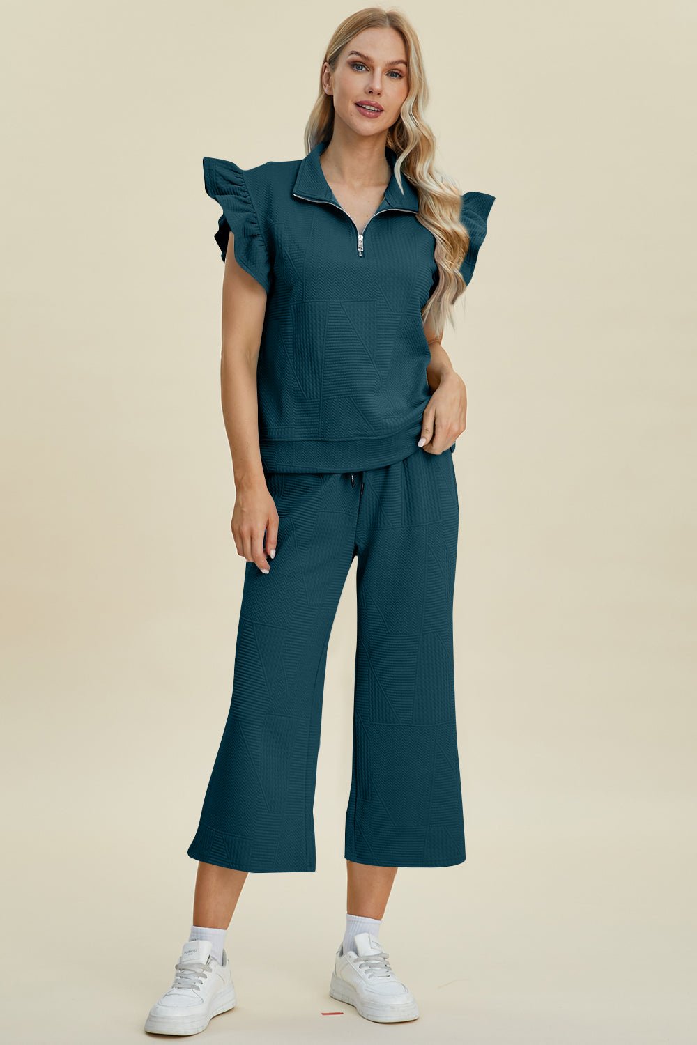 Texture Ruffle Short Sleeve Top and Wide Leg Pants Set - Dear Autumn