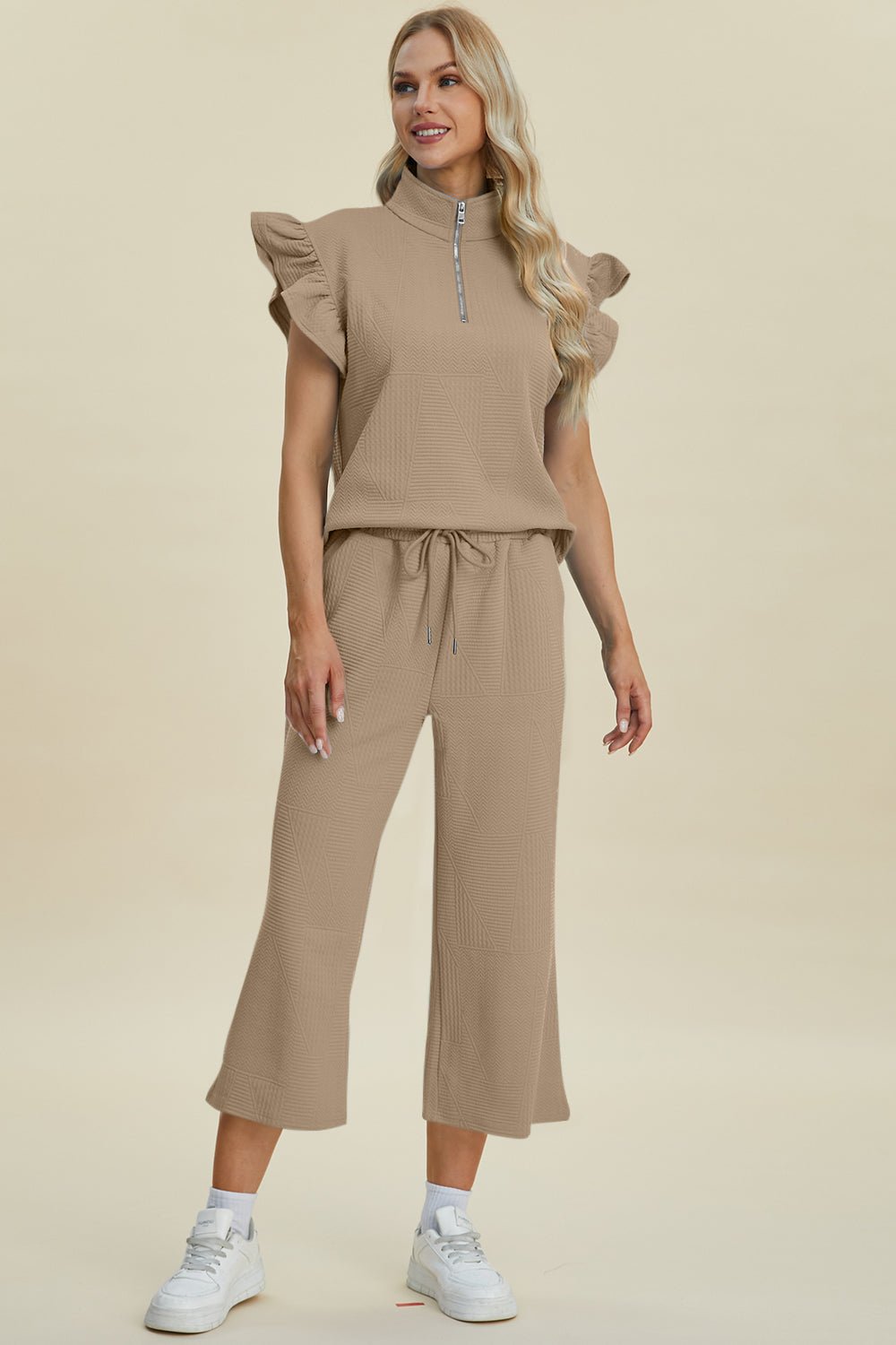 Texture Ruffle Short Sleeve Top and Wide Leg Pants Set - Dear Autumn