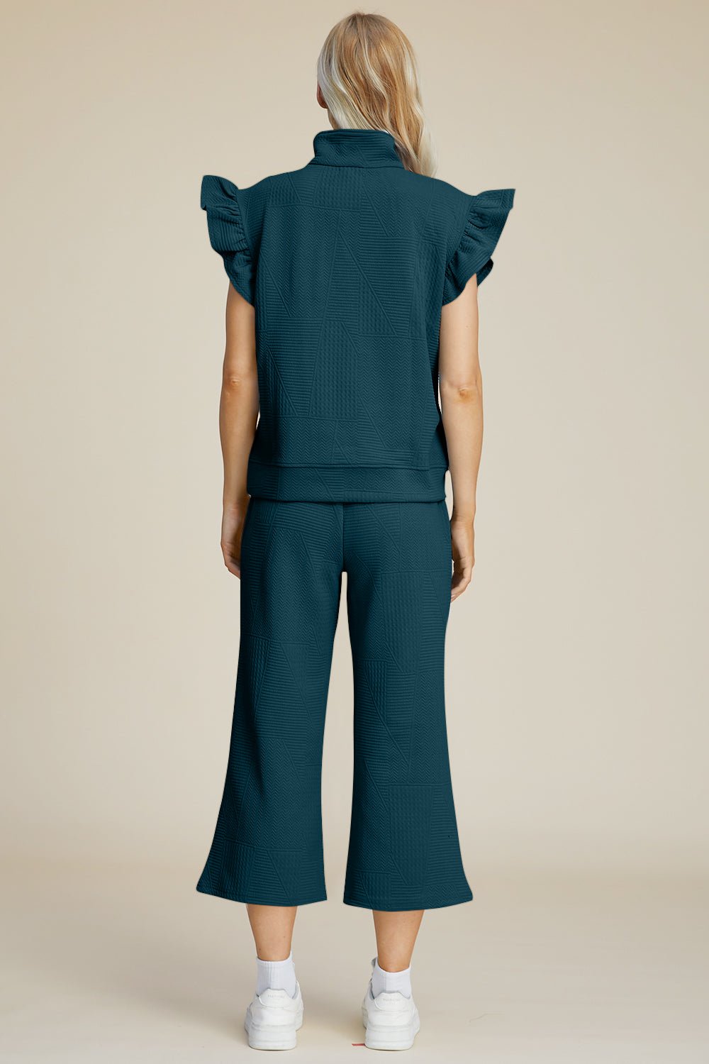 Texture Ruffle Short Sleeve Top and Wide Leg Pants Set - Dear Autumn