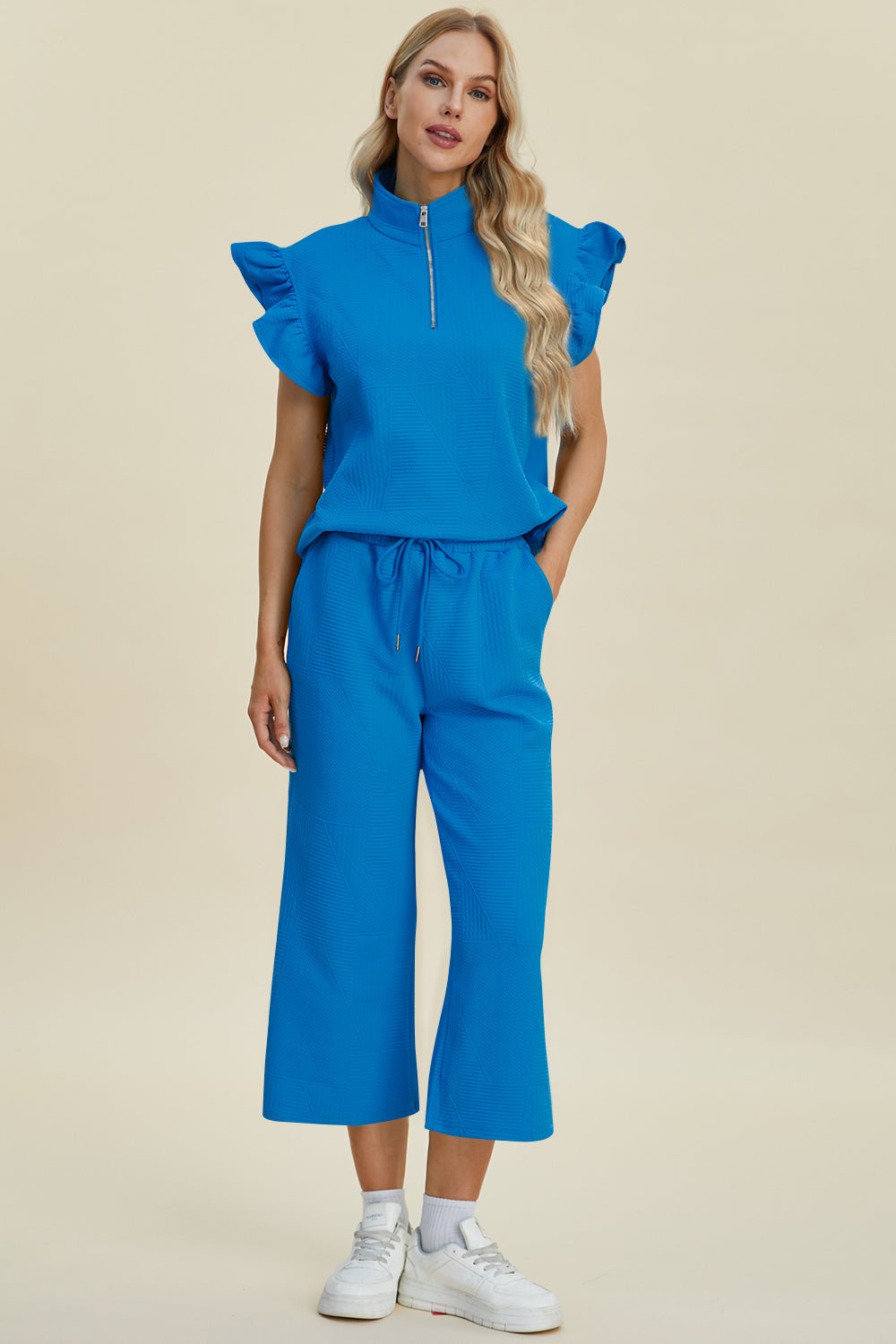 Texture Ruffle Short Sleeve Top and Wide Leg Pants Set - Dear Autumn