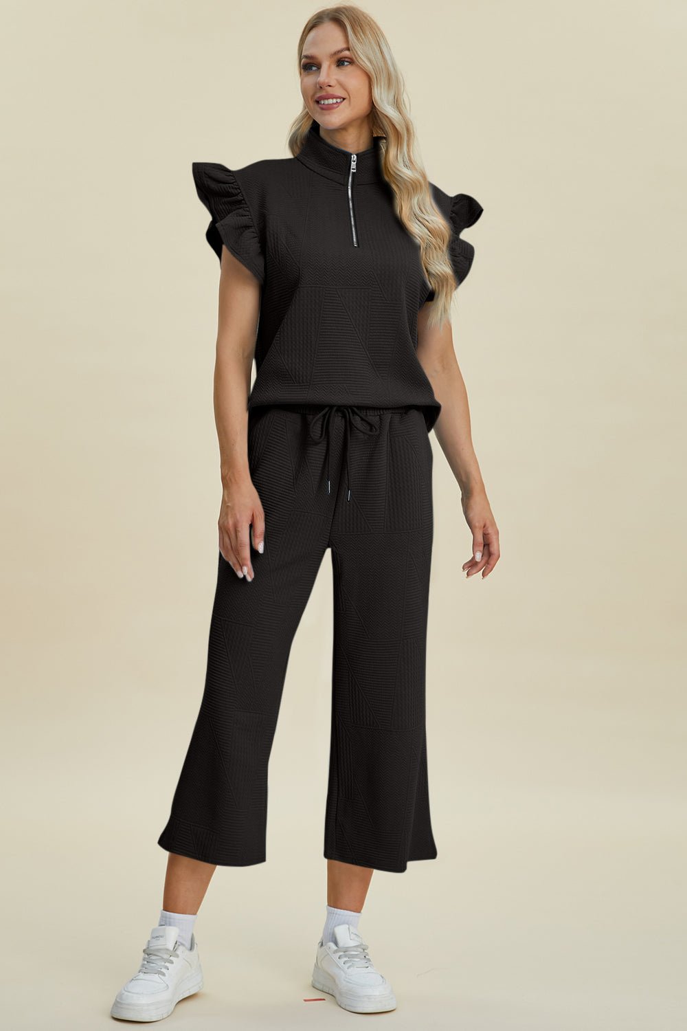 Texture Ruffle Short Sleeve Top and Wide Leg Pants Set - Dear Autumn