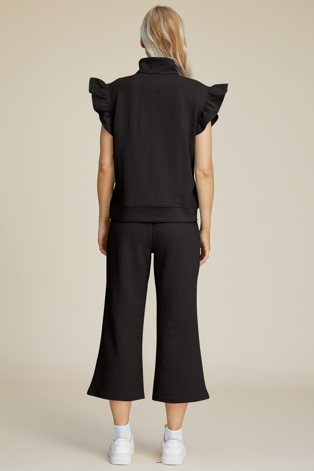 Texture Ruffle Short Sleeve Top and Wide Leg Pants Set - Dear Autumn