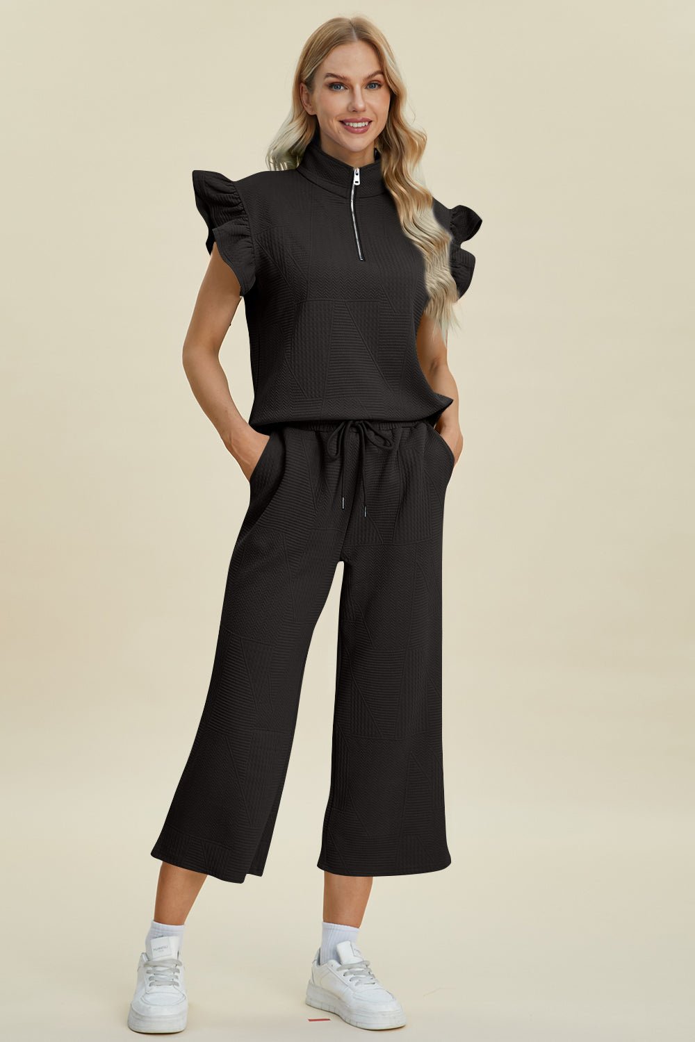 Texture Ruffle Short Sleeve Top and Wide Leg Pants Set - Dear Autumn