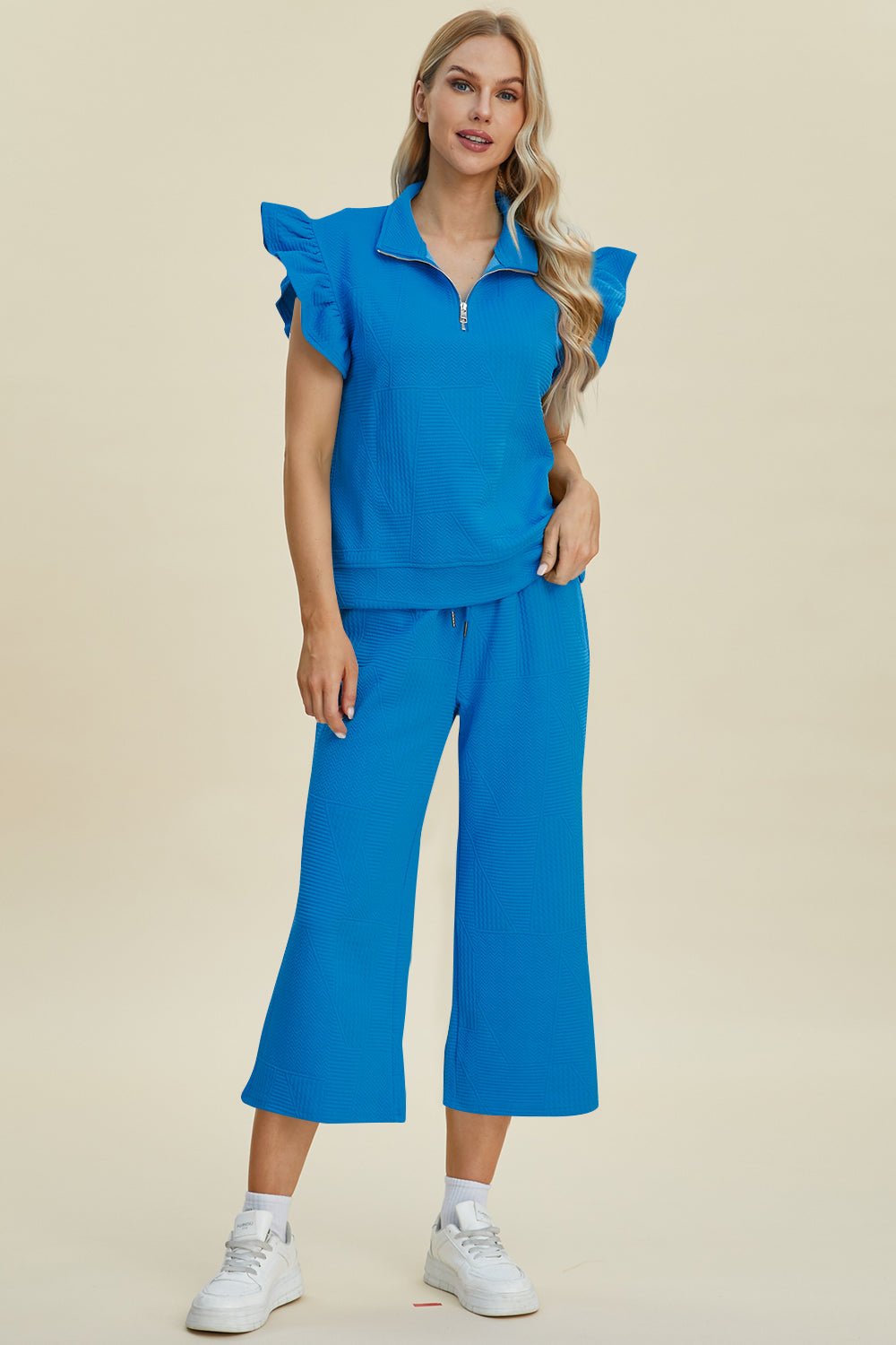 Texture Ruffle Short Sleeve Top and Wide Leg Pants Set - Dear Autumn