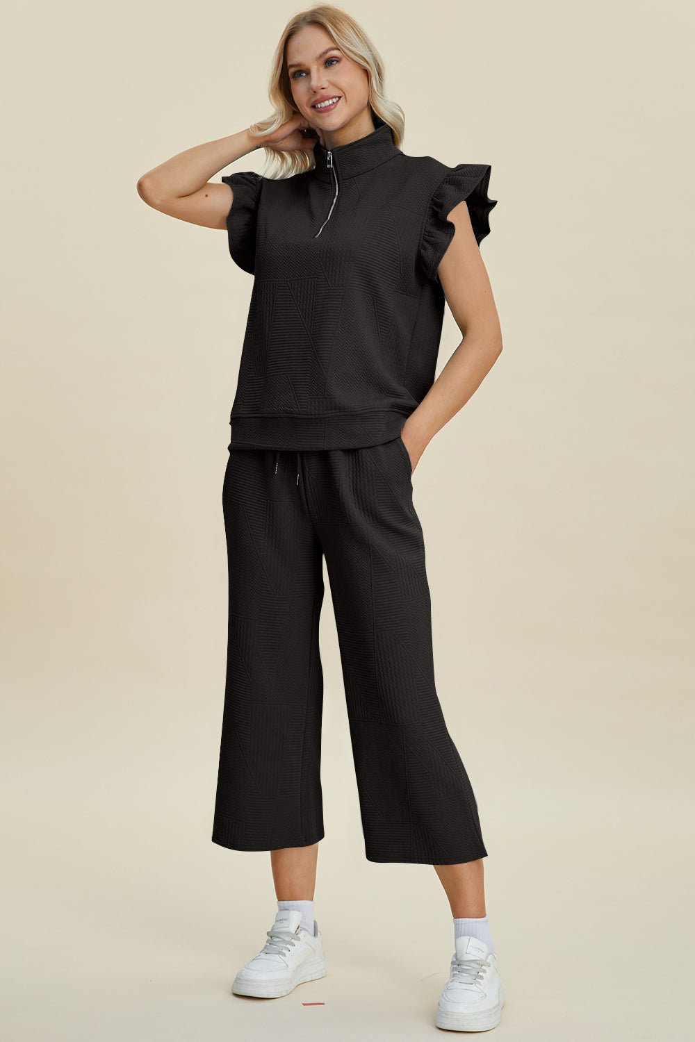 Texture Ruffle Short Sleeve Top and Wide Leg Pants Set - Dear Autumn