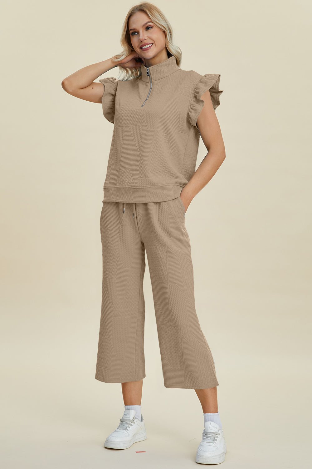 Texture Ruffle Short Sleeve Top and Wide Leg Pants Set - Dear Autumn