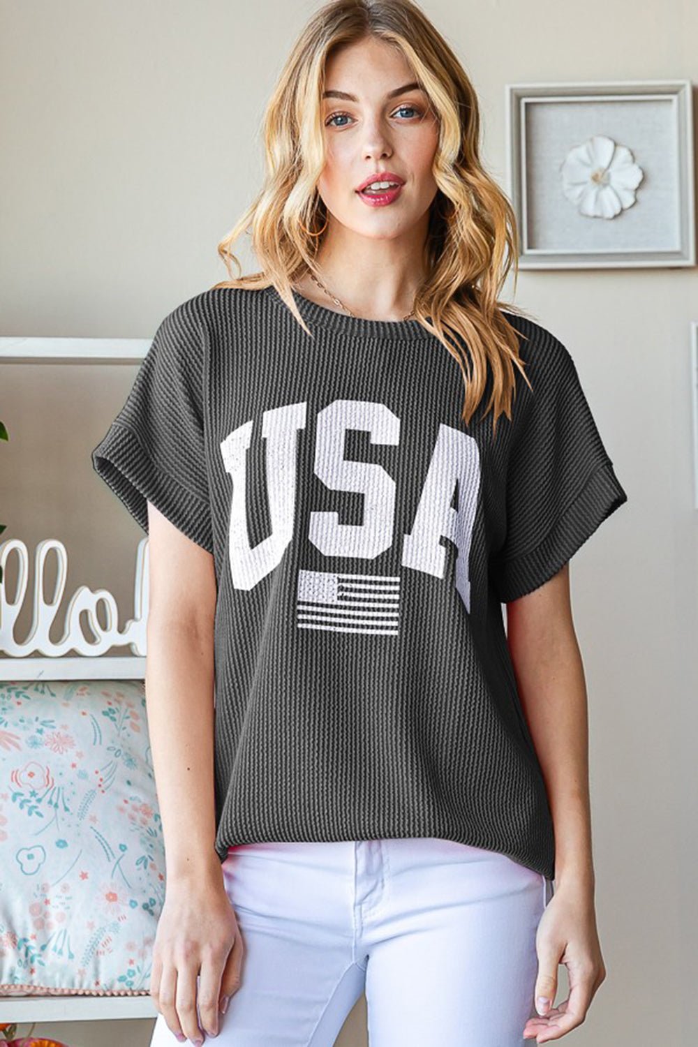 USA Graphic Short Sleeve Ribbed Top - Dear Autumn