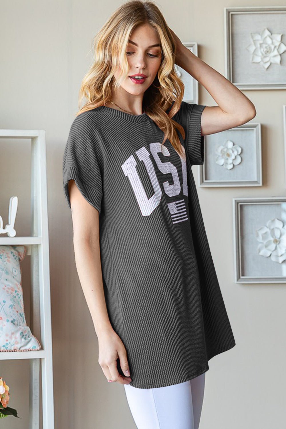 USA Graphic Short Sleeve Ribbed Top - Dear Autumn