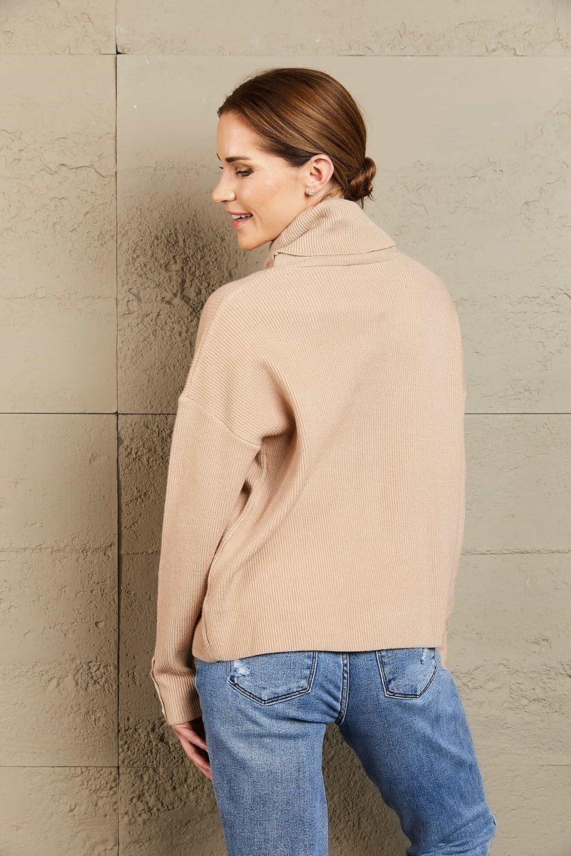 Woven Right Button Detail Rib - Knit Turtleneck Sweater - Dear Autumn