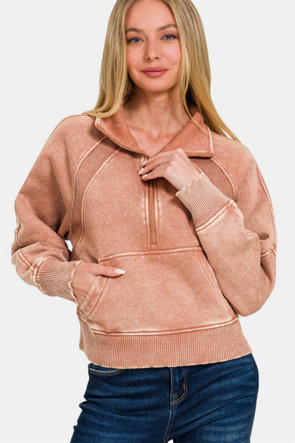 Zenana Acid Washed Half Zip Fleece Sweatshirt - Dear Autumn