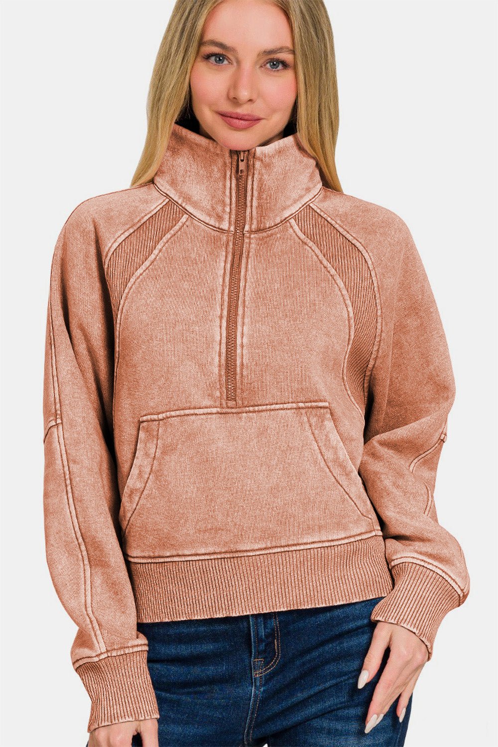 Zenana Acid Washed Half Zip Fleece Sweatshirt - Dear Autumn