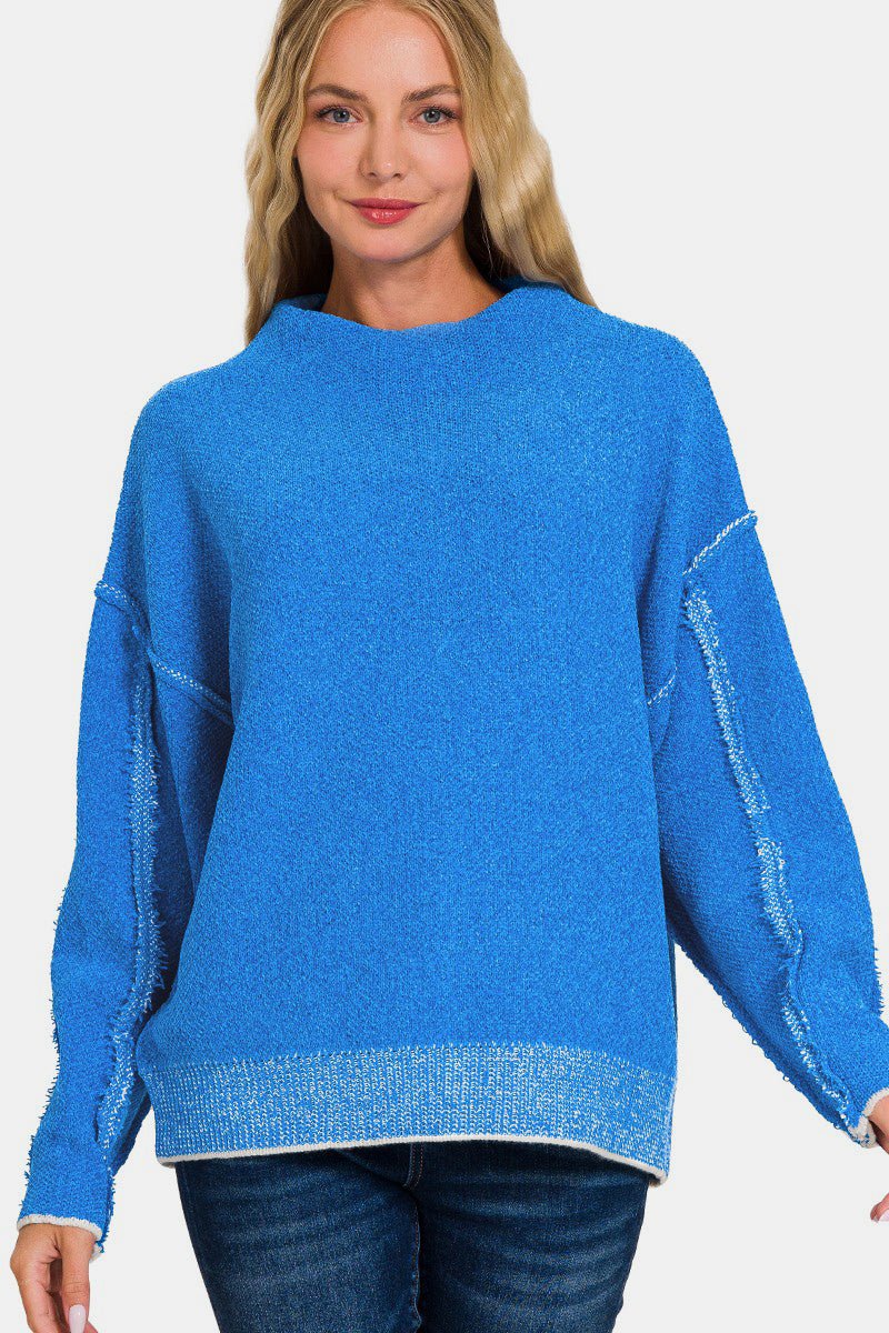 Zenana Exposed Seam Mock Neck Long Sleeve Sweater - Dear Autumn