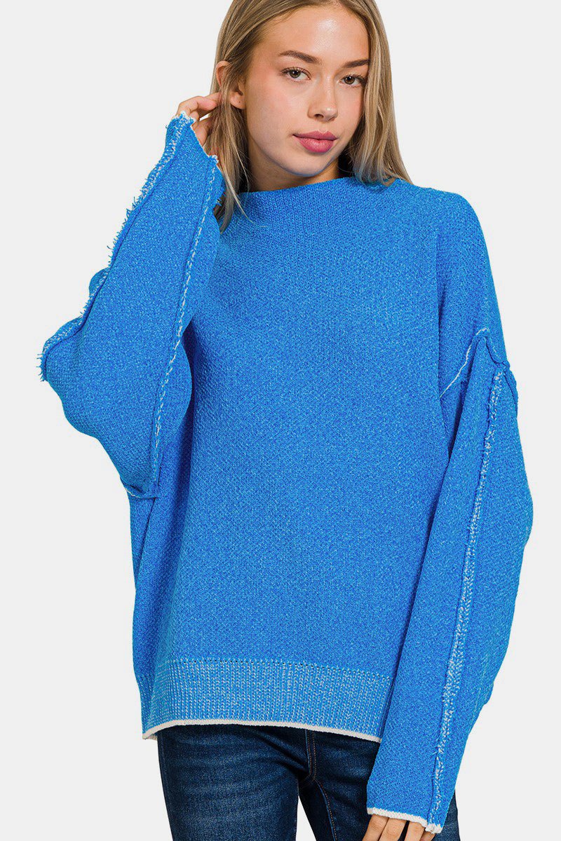 Zenana Exposed Seam Mock Neck Long Sleeve Sweater - Dear Autumn