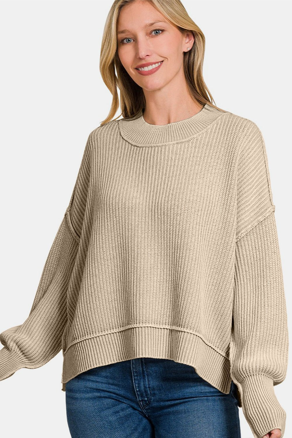 Zenana Exposed Seam Round Neck Dropped Shoulder Sweater - Dear Autumn