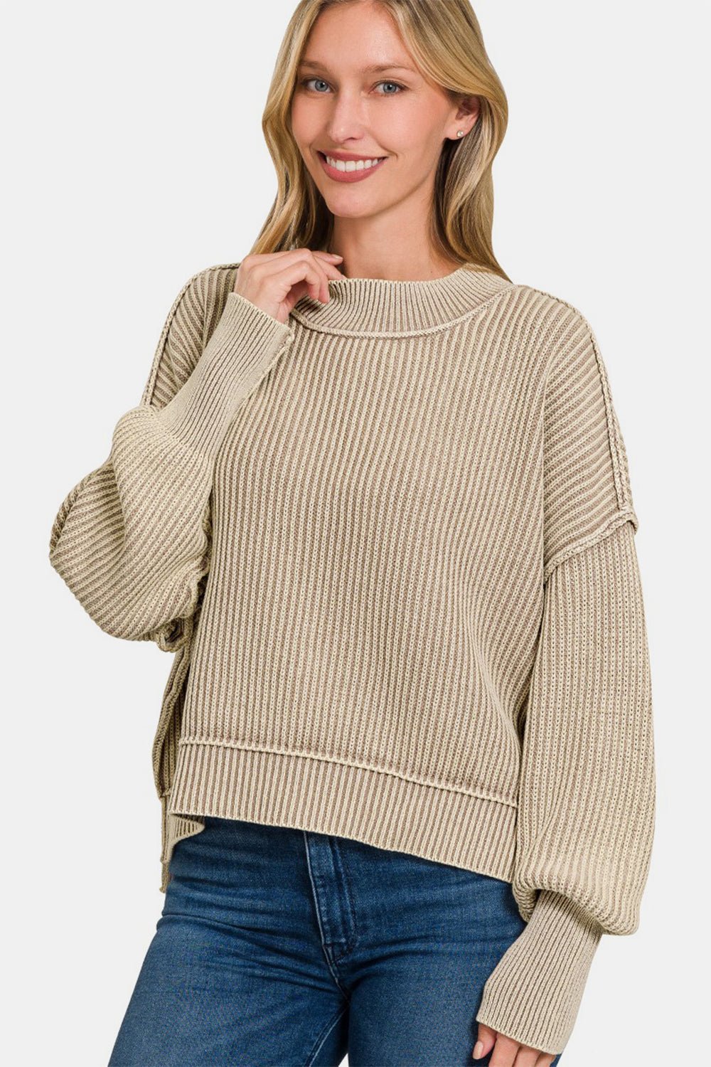 Zenana Exposed Seam Round Neck Dropped Shoulder Sweater - Dear Autumn