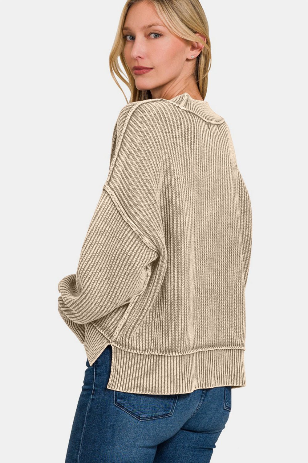 Zenana Exposed Seam Round Neck Dropped Shoulder Sweater - Dear Autumn